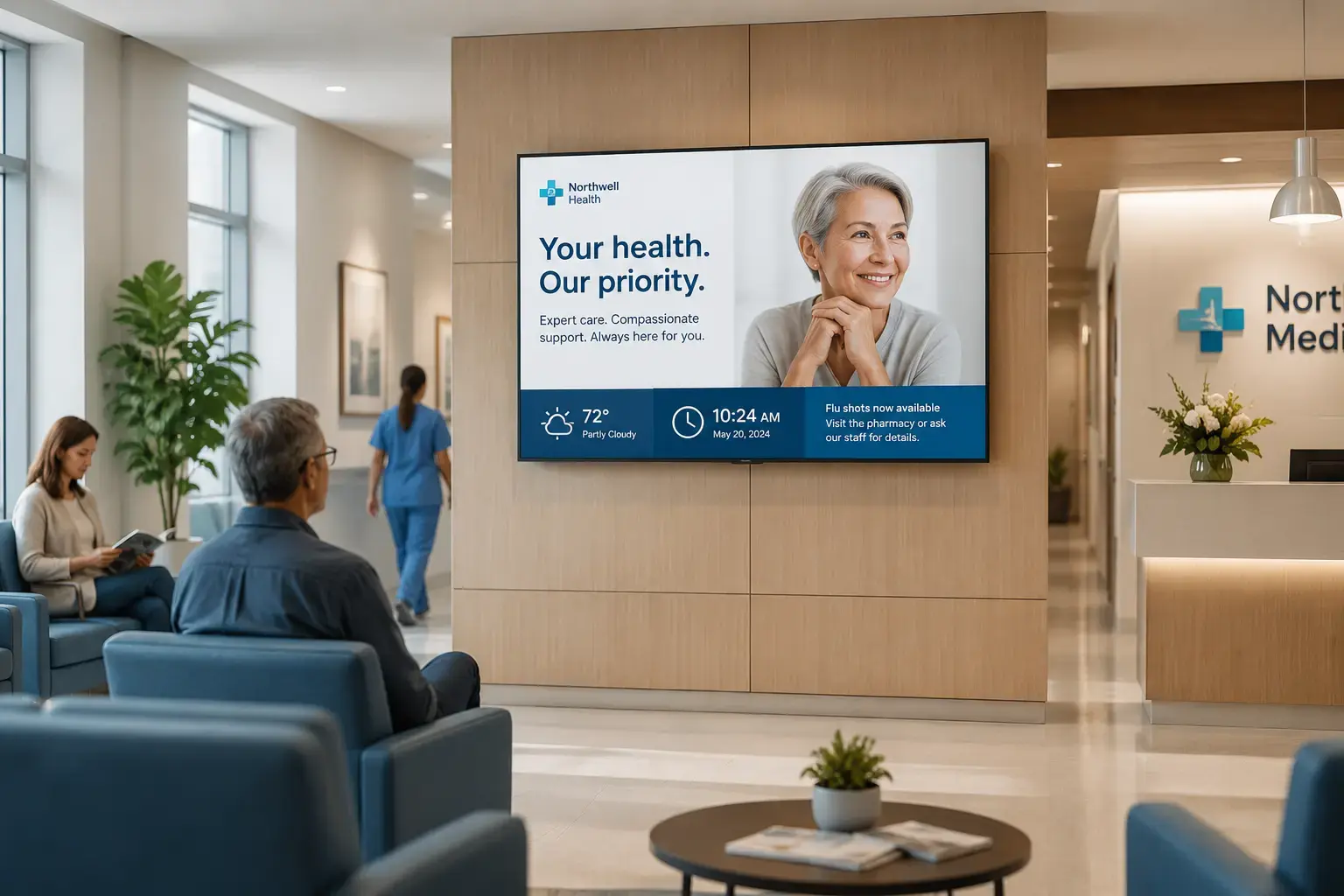 Disflay digital signage in a hospital lobby displaying patient information